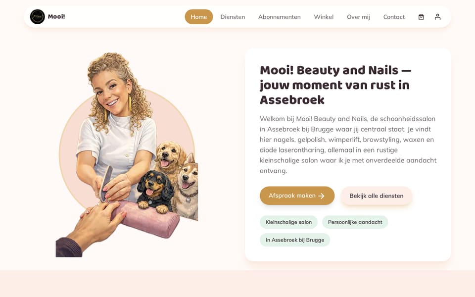 Begin van ontwerp 1: een getekende figuur met drie honden links, de welkomsttekst in een witte kaart rechts